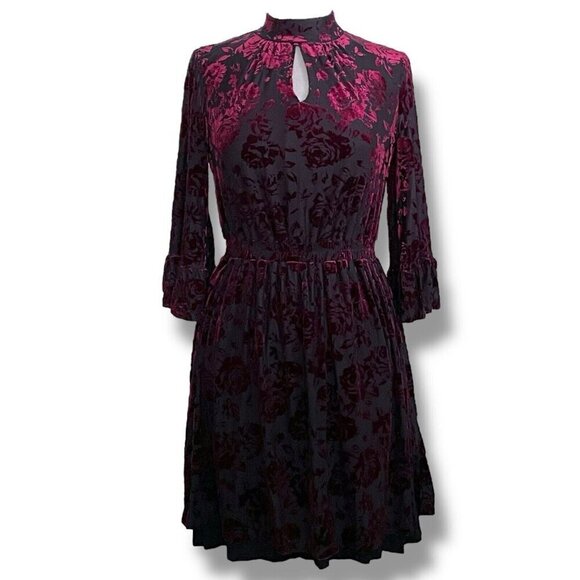 Modcloth Womens Very Visionary Dress Sz Medium Merlot Red Burnout Velvet Floral - Picture 3 of 12